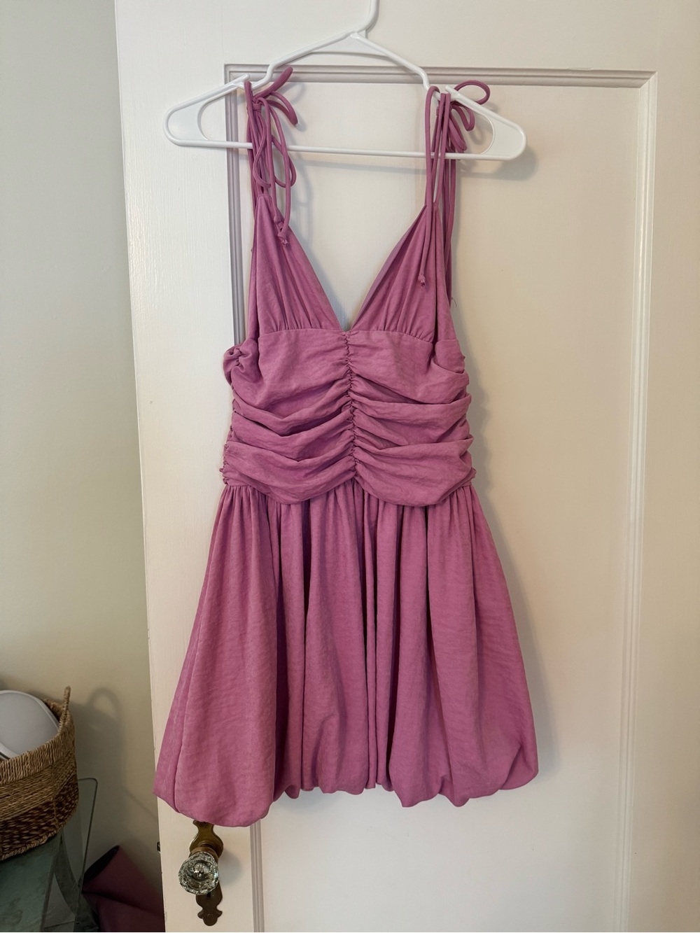 Tie-Shoulder Ruched Mini Dress in Dusty Rose
